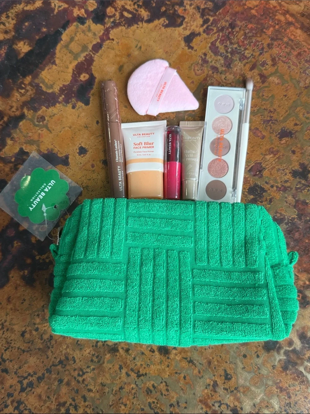 Sealed Ulta Beauty Green Textured Terry Cloth Cosmetic Pouch w/ 7 Makeup Bundle